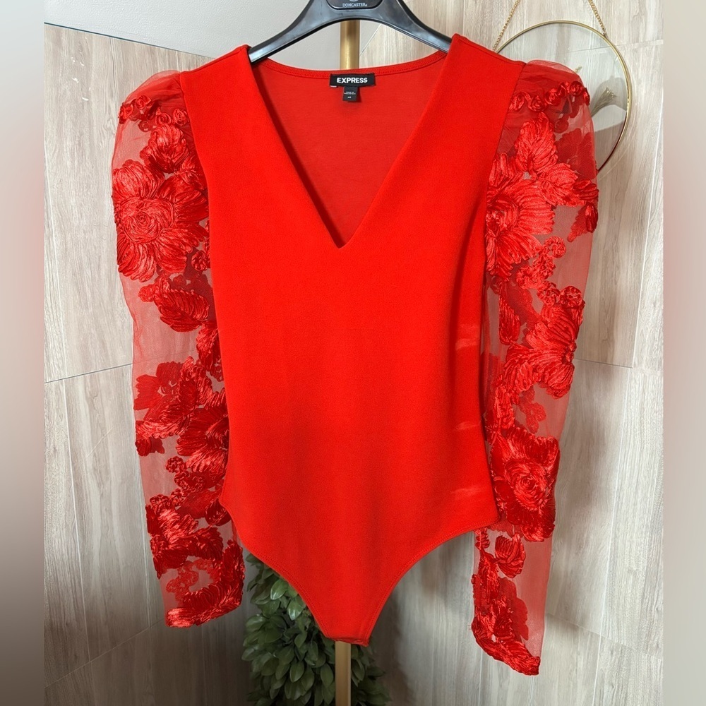Express Vivid Red Floral Sheer Sleeve Bodysuit